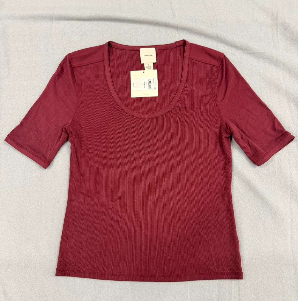 Calvin Klein Top Womens M Tawny Port Scoop Neck Short Sleeve Modest Preppy NWT
